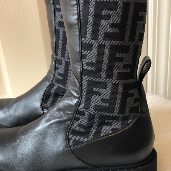 💯Authentic FENDI Zucca Knee-High Knit Leather Combat Boots 36 Gray Grey - Picture 5 of 9